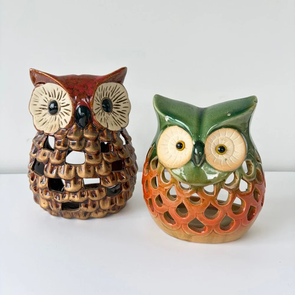 Vintage Ceramic Owl Tea Light Candle Holder Pair Mid Century Retro Boho Decor